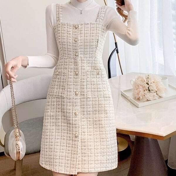 レディース パールボタン ツイード ワンピース ジャンパースカート Aライン ポケット付き 上品 ブラック ホワイト 大人可愛い ママコーデ ママファッション 韓国系 オルチャン