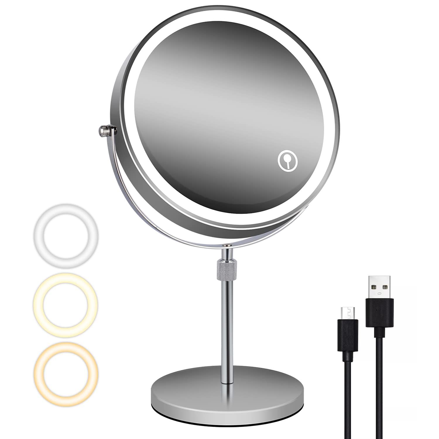 拡大鏡 高さ調整女優ミラー 8インチ 卓上ミラー USB充電式 10倍拡大鏡 化粧鏡 LEDライト付きミラー スタンドミラー 10倍と等倍両面鏡 ３つ明るさモード 無段階調光機能 360度回転 人気