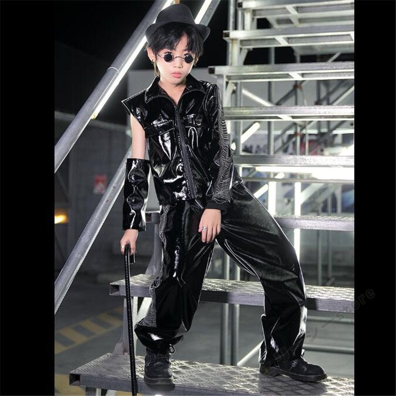 キッズダンス衣装 セットアップ 光沢感 キッズ 男の子 女の子 トップス 舞台服 ダンス衣装 ステー