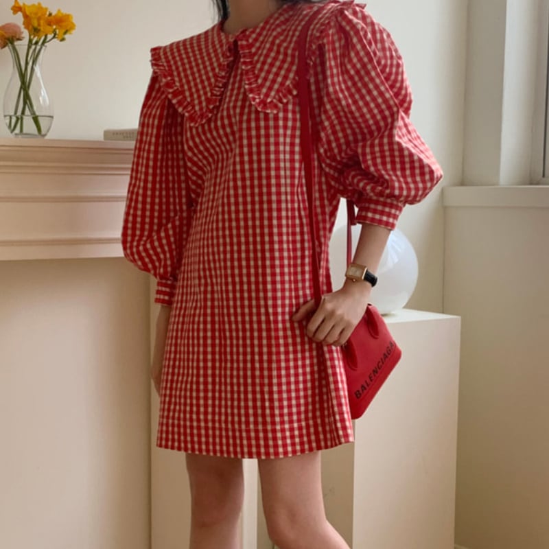 2color レディース ワンピース ギンガムチェック 袖あり 赤 レッド 黒 ブラック