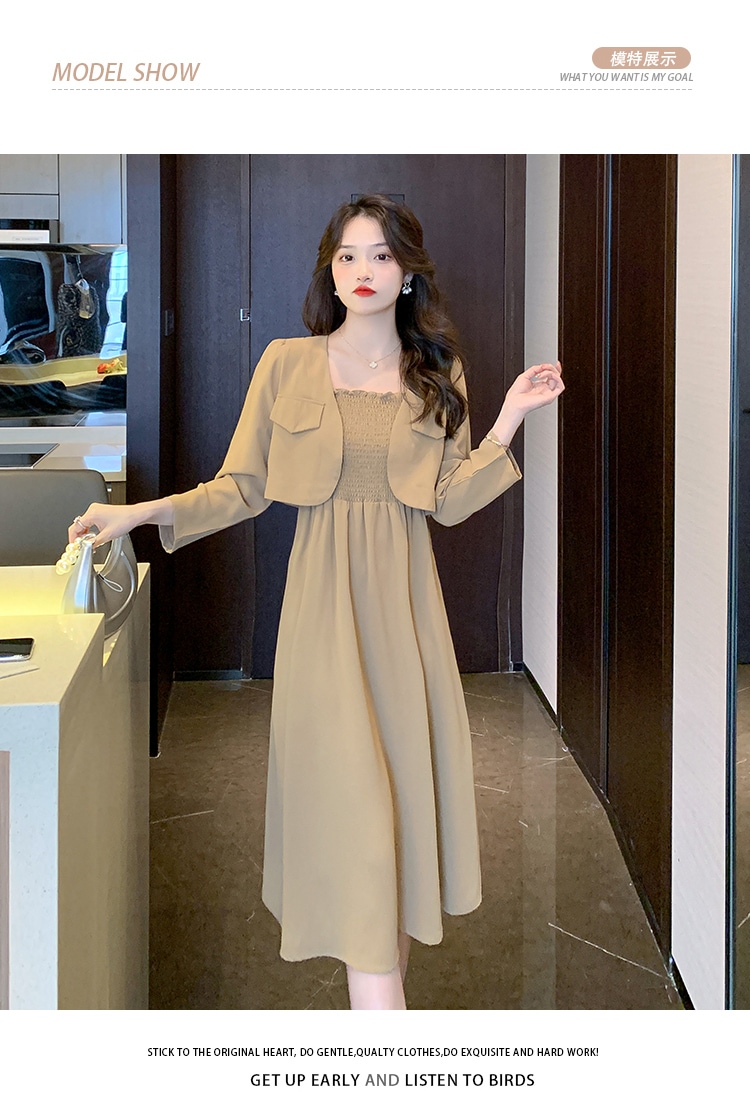 セット ワンピース ジャケット ワンピドレス ミモレ丈 袖あり 七分袖 スクエアネック 襟なし Aライン 切り替えデザイン ウエストマーク 2点セット 大人可愛い きれいめ 大人 上品 おしゃれ