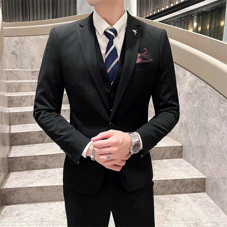 お早めに！メンズ スーツ セットアップ 韓国風 フォーマルスーツ 大きいサイズ 男性用 上下セット 3点セット ジャケット+パンツ+ベスト ビジネススーツ ストライプ柄 入社 オフィス 通勤 入学式