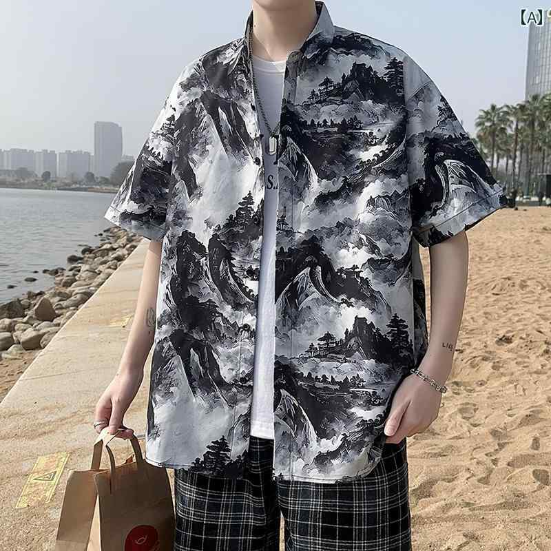 シャツ トップス メンズ カジュアル スタイリッシュ 夏 スタイル 半袖 大きめサイズ プリント スタイルアップ アウター