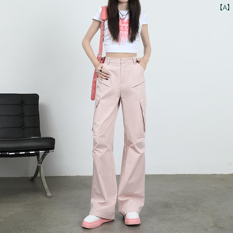 カーゴパンツ レディース カジュアル ハイウエスト 秋冬 ワイドパンツ ストレート 韓国 薄手 ポケット ピンク グレー