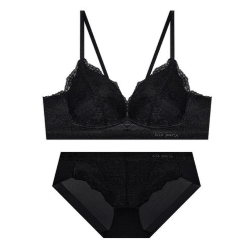 ソフトフィット ノーワイヤ レース ブラ パンツ セット - ブラック 75A 90
