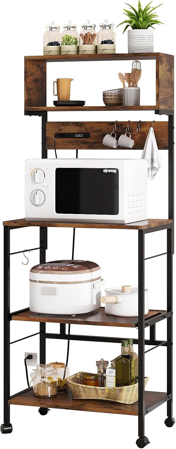 レンジラック 計4口コンセント付き USBポート付き 幅60 大型レンジ対応 キャスター付き ブラウン ビンテージ