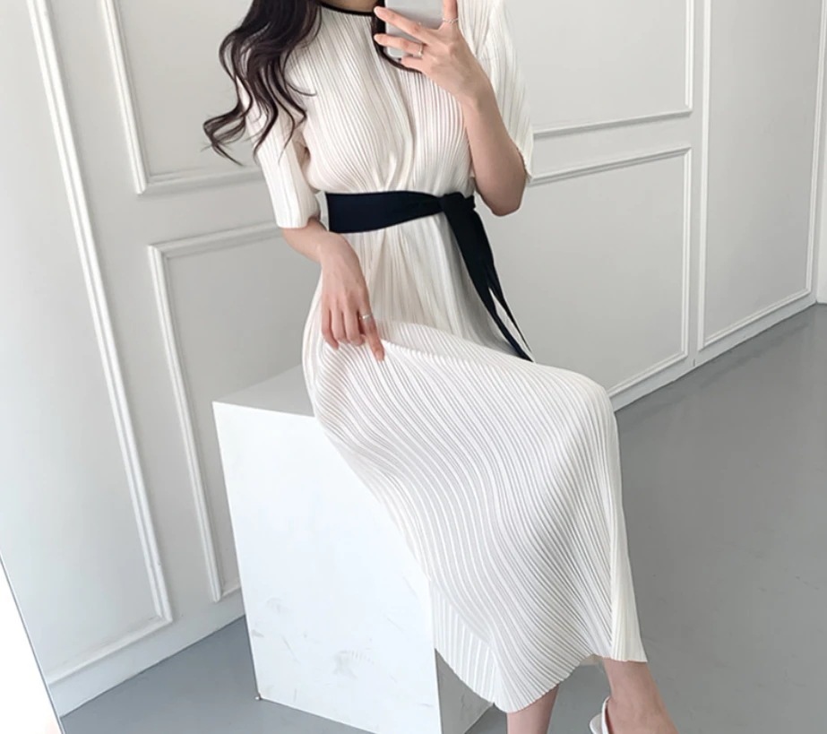 ワンピース ミモレ ミモレ丈 袖あり 半袖 ラウンドネック 襟なし ストレート リボン ウエストリボン リブ 薄手 かわいい 大人可愛い きれいめ シンプル カジュアル 大人 上品 おしゃれ お洒落