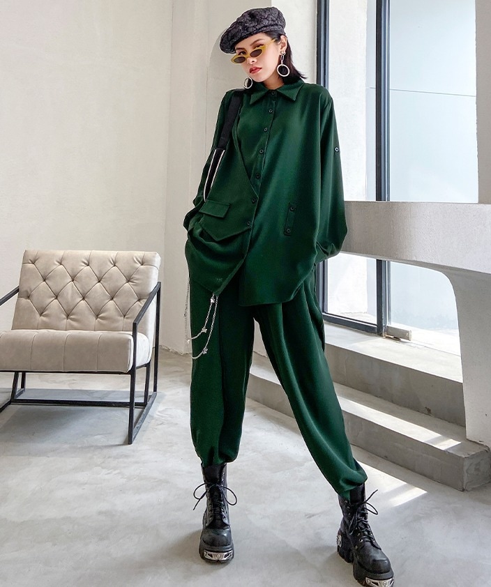 セットアップ トップス ボトムス パンツ シャツ ワイドパンツ ストレートパンツ ロング ロング丈 袖あり 長袖 襟付き ストレート ワイド 前開き 薄手 上下セット ツーピース シンプル カジュアル