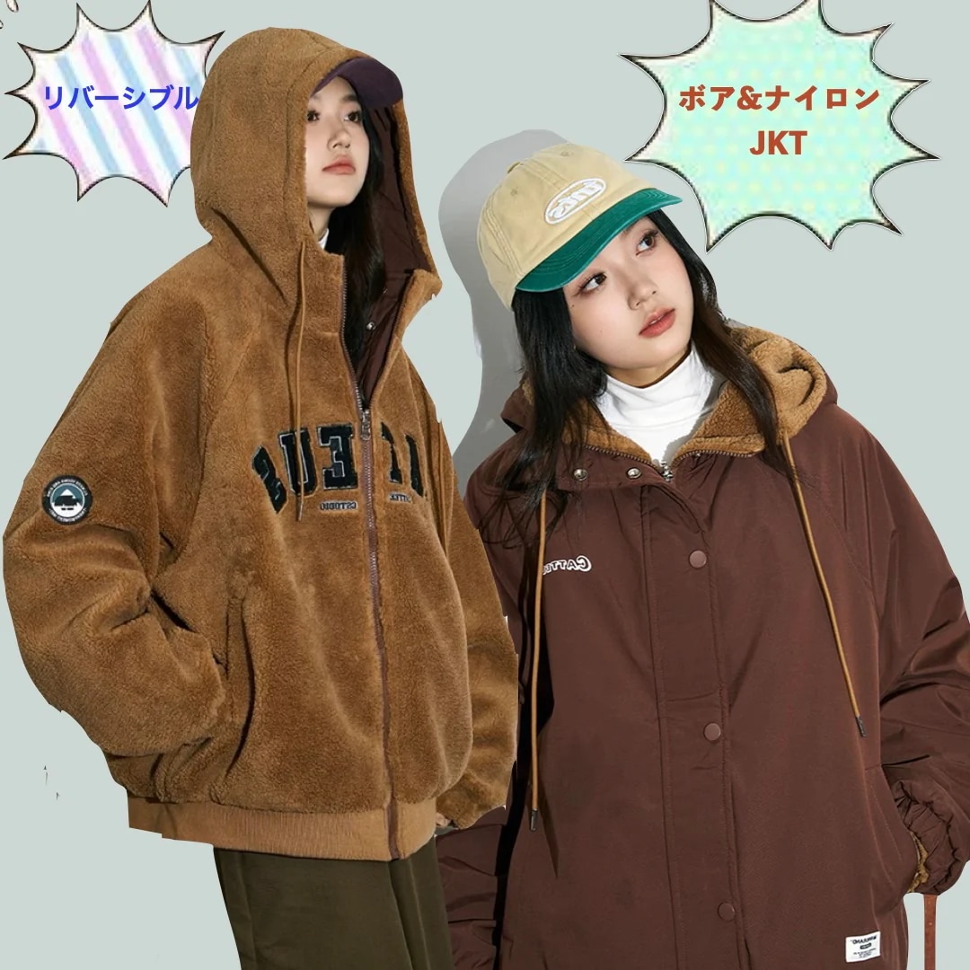 リバーシブル ボア ジャケット レディース 韓国 ファッション ロゴ アウター 2way ボア ナイロン ジャケット