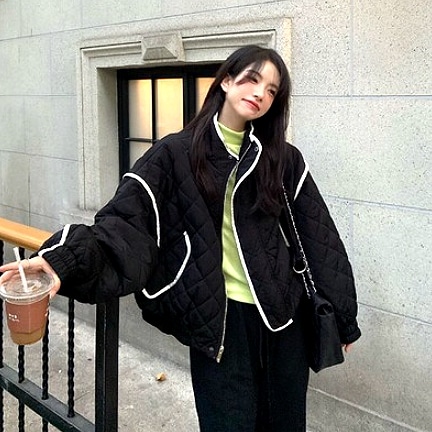 キルトジャケット ブラック アウター ブルゾン ジャケット 長袖 ファスナー付き スリム 細身