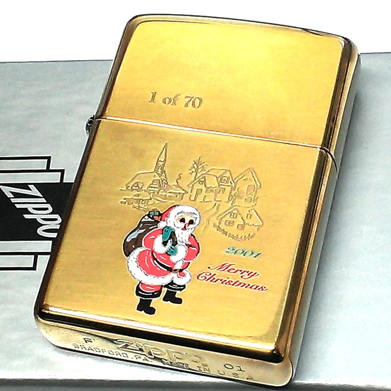 ZIPPO ライター 限定70個生産 レア クリスマス 2001年製 サンタクロース 絶版 ジッポ Xmas 珍しい ゴールド 一点物 おしゃれ 真鍮古美 ヴィンテージ 金タンク ビンテージ 未使用品
