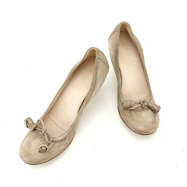 パンプス シューズ 靴 リボン 36ハーフ ラウンドトゥ ベージュ系 中古