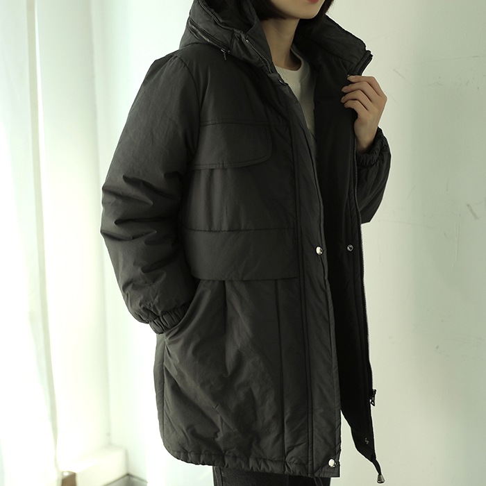 [韓国ファッション] 裏キルティング ハイネックフード付き中綿コート