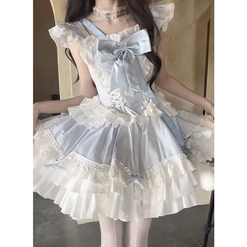 ロリータ コスプレ コスプレ セクシー ロリータかわいい ティーンエイジャーの女の子 ヘビーデューティーデザイン フリル 蝶ネクタイ カラーブロッキング パッチワーク レースポンチョ