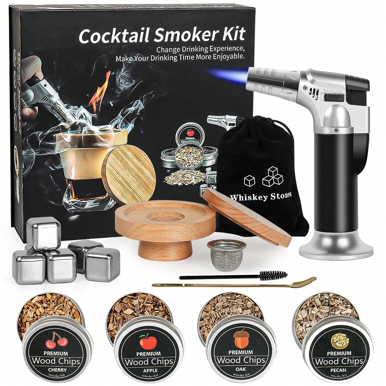 カクテルスモーカーキット 16点セット トーチ付き アイスキューブ 4種類のスモークチップ 燻製器 家庭用 燻製機 キャンプ ウィスキー カクテルス ワイン 溶けない氷 スモーク スモーカー 誕生日 4,706円