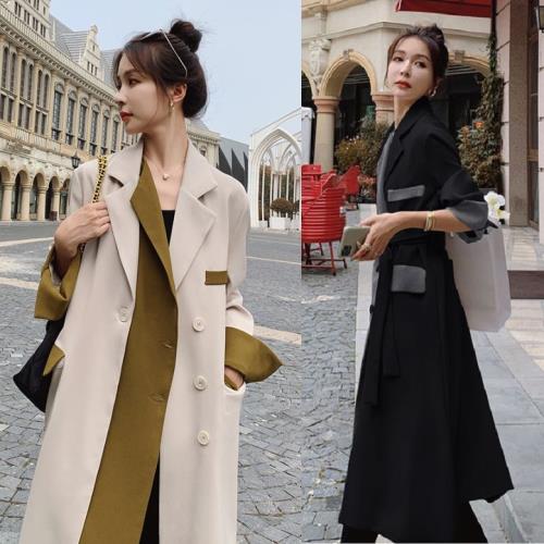 大人気 上品 トレンチコート スプリングコート ロング ライトアウター 春 秋 春先 コート アウター ベージュ 黒 レディース スーツ とろみ かわいい 韓国 バイカラー Vネック 長袖 可愛い 春 6,640円