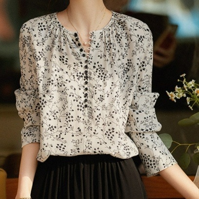 【韓国の人気爆発】 清新 プリント ラウンドネック シフォンシャツ ブラウス レディース
