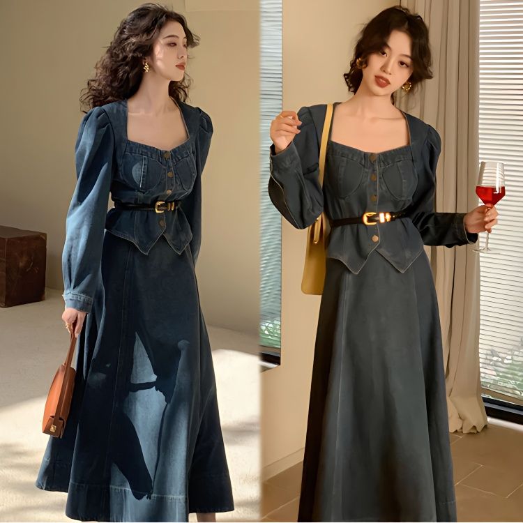 セットアップ涼しく楽ちんセットアップレトロレトロレトロなデニムスーツスカート女性高級感のあるスクエアネックワンピース秋アウター+半身スカートの2点セット春作