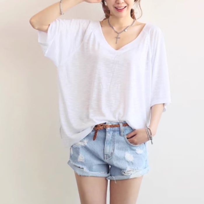 レディース トップス プルオーバー Tシャツ 半袖 バットスリーブ Vネック 襟なし ワイド 伸縮性 薄手 かわいい 大人可愛い きれいめ シンプル カジュアル おしゃれ かっこいい レトロ こなれ感 4,932円