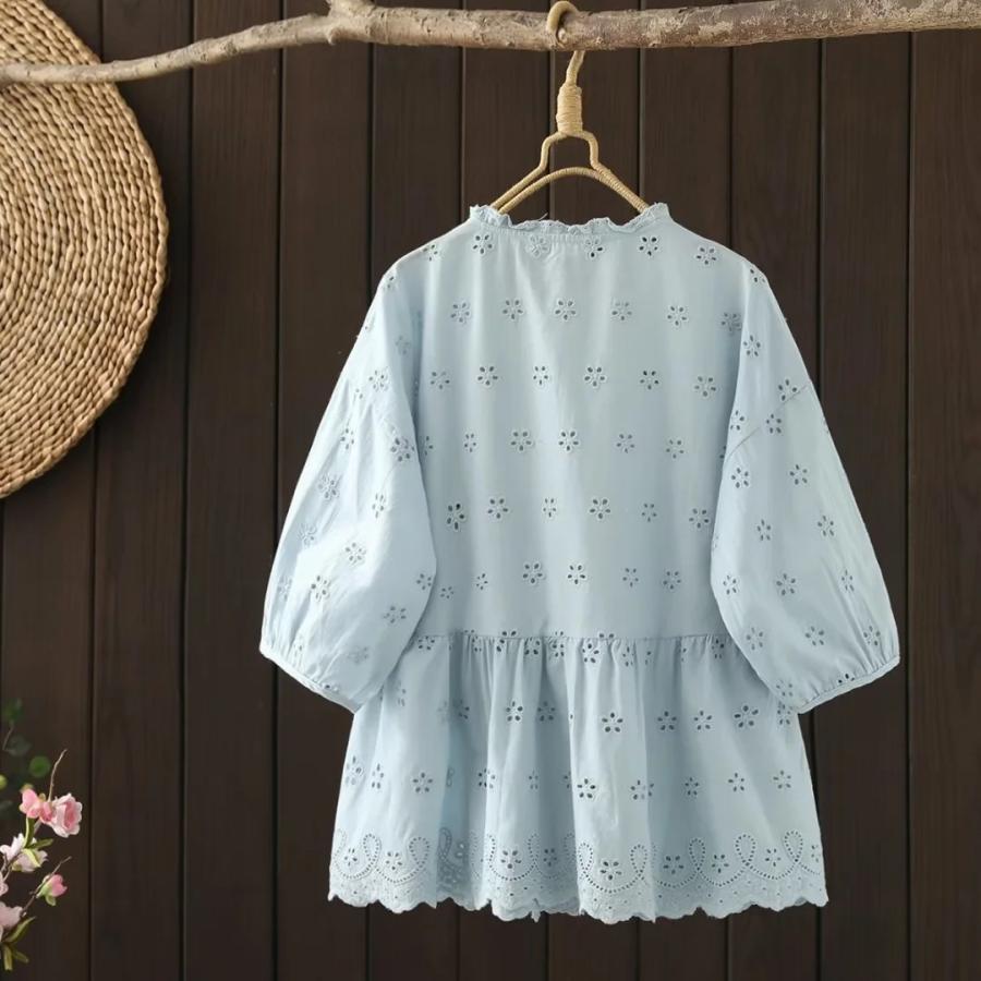 シャツ ブラウス レディース レース 花柄 刺 7分袖 春 夏 秋 カットワーク トップス シャツフェミニン 着回し シンプル おしゃれ 大人 カジュアル こなれ感 ゆ