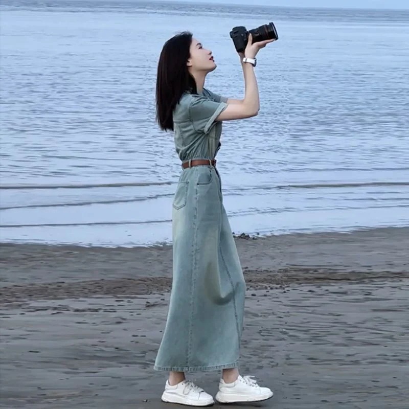 デニムドレスレディース2024夏スタイルレトロリトルロングドレス