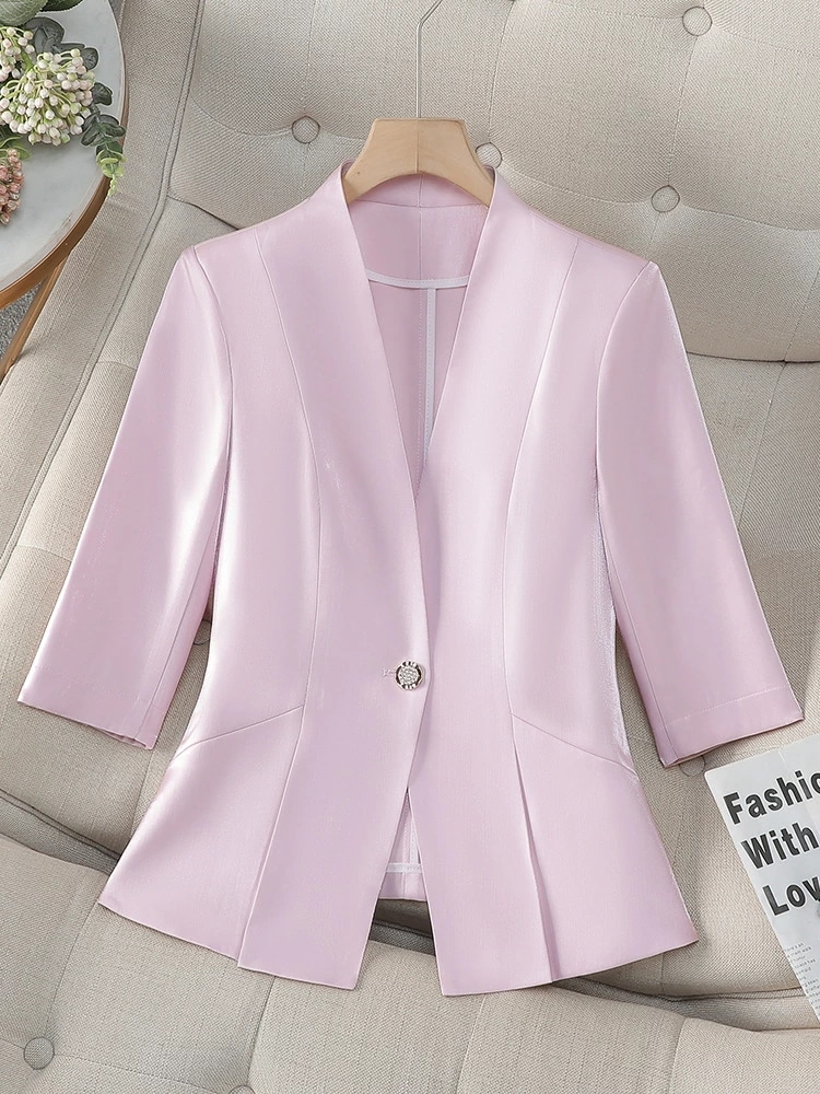 西装 外套 レディース ブルー 韓国風 春 新作 小柄 中袖 無地 高級感