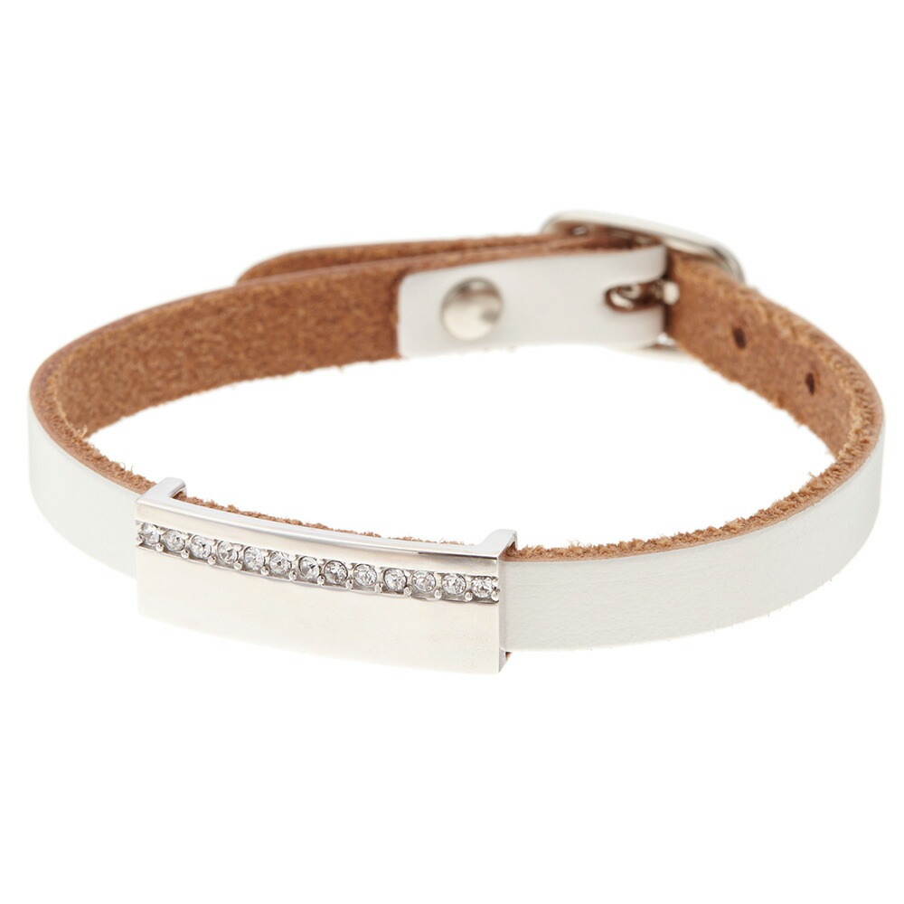 ブレスレット レディース ホワイトレザーのベルト風細身 ラインストーン 1.5ミリ レーン シンプル
