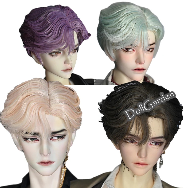 BJDドール用ウィッグ カールショート スタイル パーマ 黒色/ゴールドピンク/ミントグリーン/青木亜麻灰/パープル SD/小顔SDサイズ球体関節人形用 高温糸