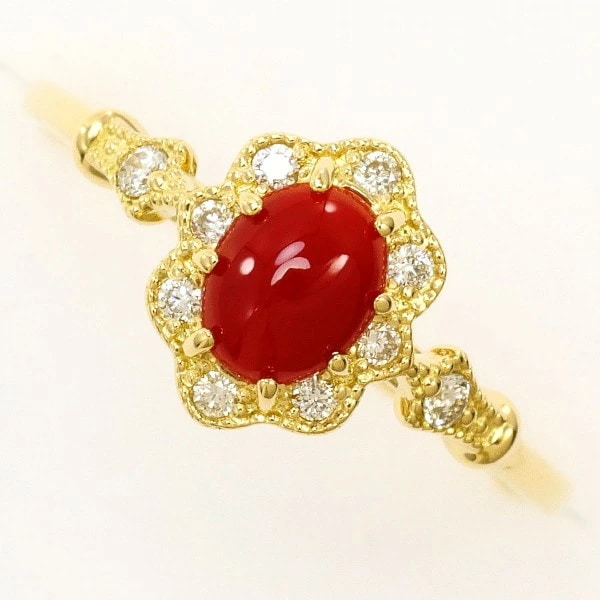 K18 18金 YG リング 11号 サンゴ 0.35 ダイヤ 0.08 【中古】