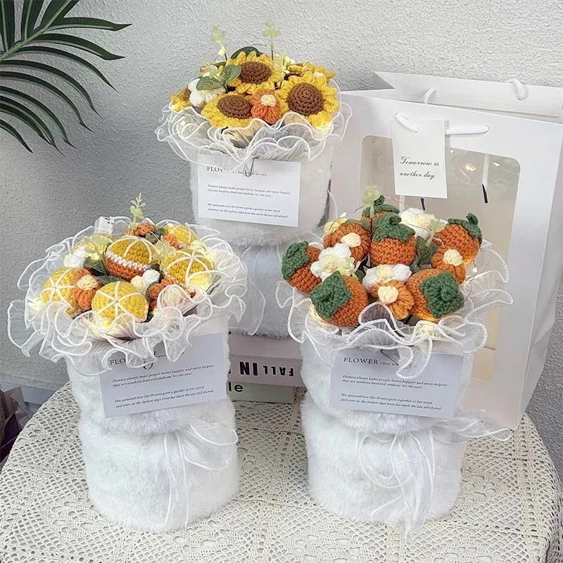 手編みのウールの花柿オレンジひまわり柿如意花束新の贈り物誕生日卒業の贈り物秋冬の最新 大人気