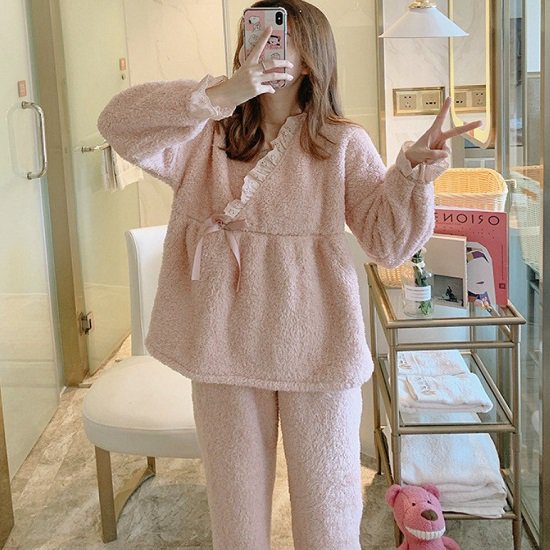【取寄：納期2週間】ルームウェア セットアップ もこもこ かわいい パジャマ 部屋着 ルームウェア 2点セット リボン ルームウェア パジャマ もこもこ パンツ レース おしゃれ ルームウェア