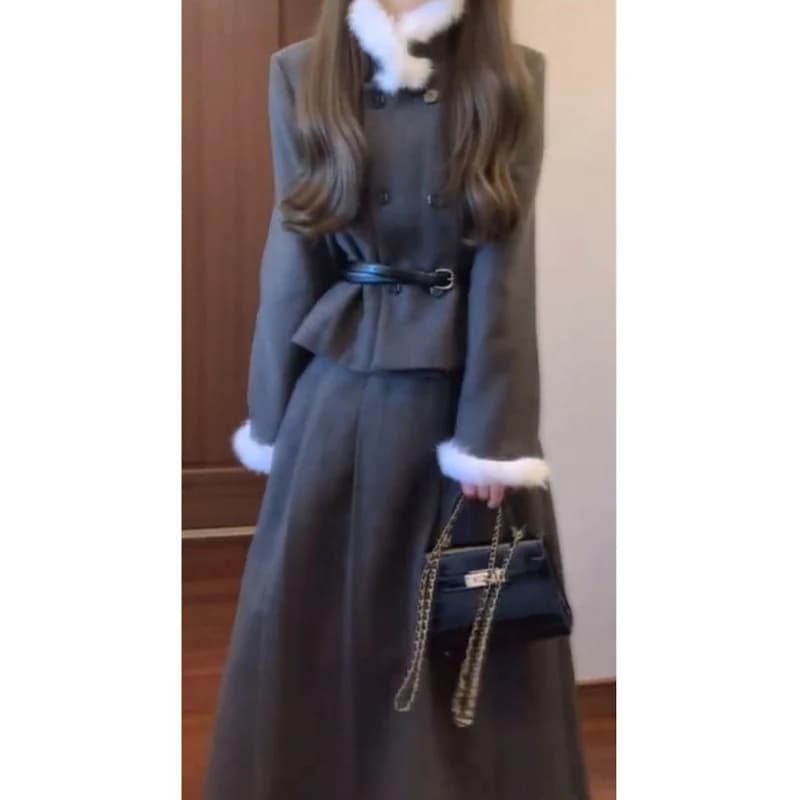 高級な秋冬レディース ツーピース セットファーのトリミングが施されたシャネル風のジャケットとハイウエスト スカートが特徴で相続人に最適です 5,018円