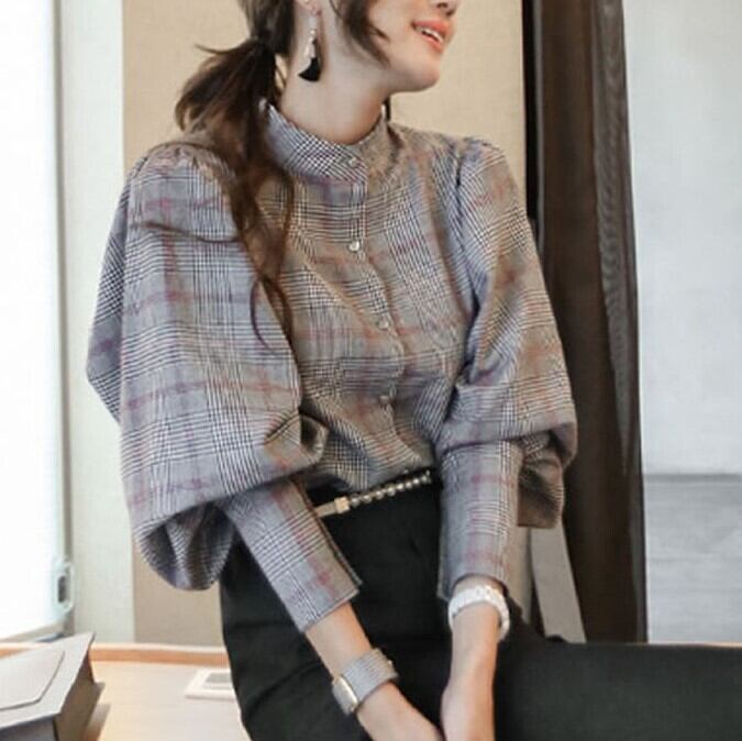 トップス グレンチェック ブラウス 長袖 ボリュームスリーブ バックリボン ハイウエスト タックネック ランタンスリーブ 上品 チェック柄 ハイネック 人気 おすすめ おしゃれ お洒落 激安 wto0