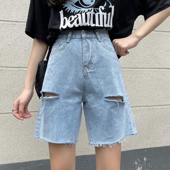 日本未入荷 最大94%OFFクーポン カットハイウエストデニム5点パンツ女性の2021年夏新しいルーズで薄いワイドレッグパンツ古い韓国スタイルのショーツ