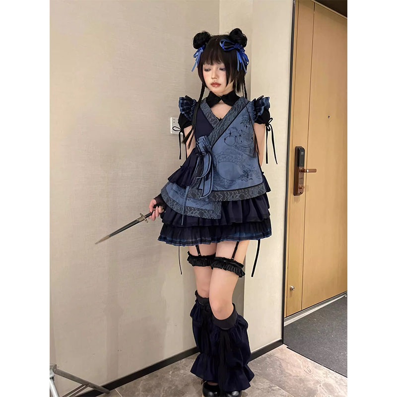 青と黒の小さなフライングスリーブロリータチャイナドレスロリータ