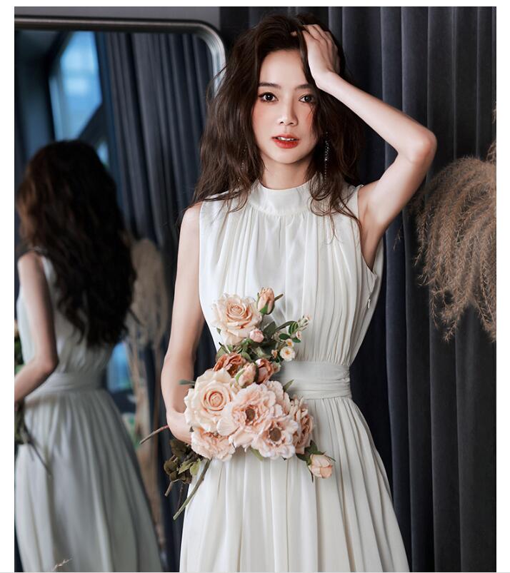 イブニングドレス ノースリーブ 白 Vネック 二次会ドレス キレイめ エレガント 優雅 ショート丈 Aライン 気質 無地 ホワイトドレス 結婚式ドレス 花嫁ドレス 撮影 海外挙式 パーティードレス 2