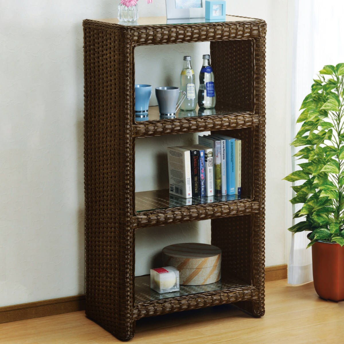籐 収納ラック 4段 ガラス天板付 幅60cm ディスプレイラック オープンラック 棚 本棚 収納 ラタン 完成品 ラック リビング収納 花台 籐飾り棚 ブラウン アジアン おしゃれ