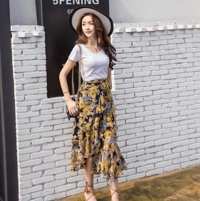 3071.花柄レースロングフリルスカート（イエロー）