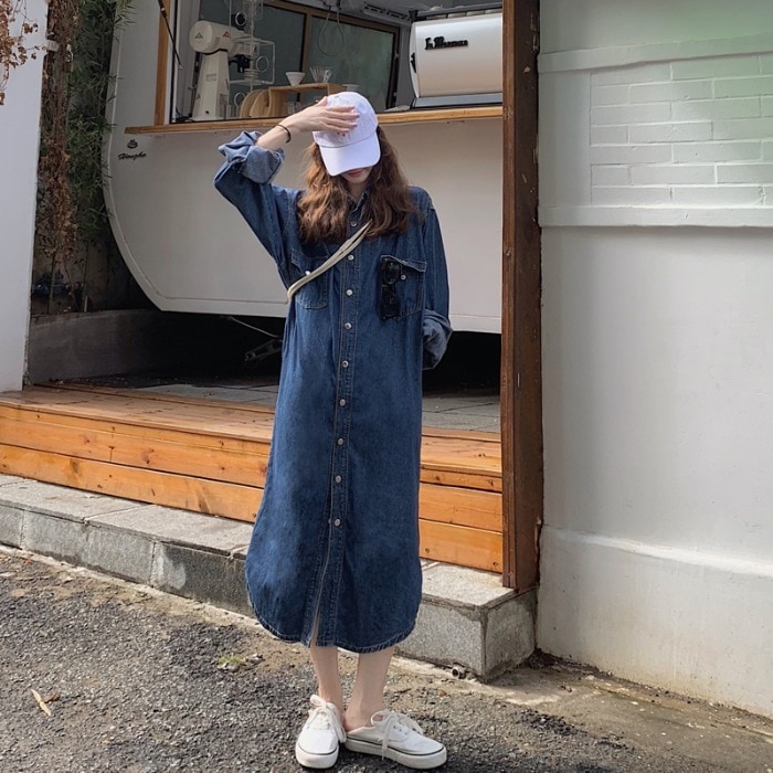 ワンピース 長袖 春 秋 きれいめ カジュアル かわいい ロング デニムワンピース ミモレ ミモレ丈 ロング ロング丈 7分丈 七分袖 レギュラーカラー スリム ストレート Iライン スマート ポケッ