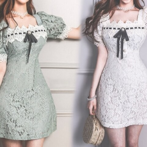 2色 ワンピース 半袖 春 夏 きれいめ ペンシルスカート ミニ丈 ショート丈 膝上 パフスリーブ 萌袖 スクエアネック 細身 ストレート Iライン レース フリル リボン 透け感 白 ホワイト グリ