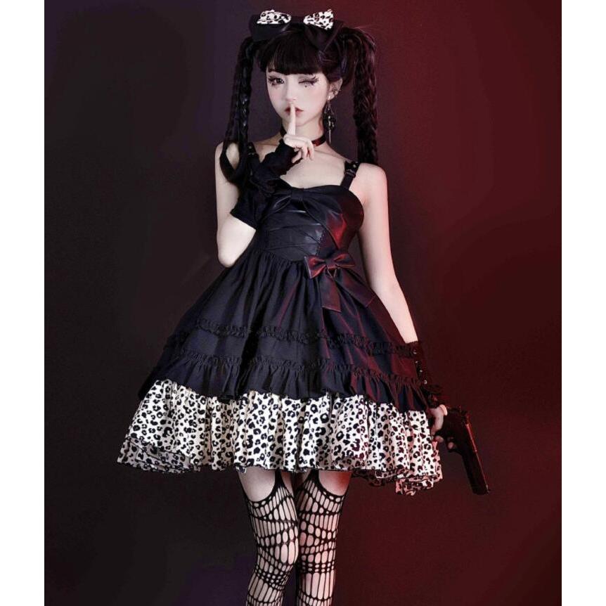 ジャンパースカート ロリータ ワンピース パンク ゴシック ゴスロリ ロリータ ドレス ショート丈 膝丈 暗黒系 ロリータ服 フェイクレザー切替 ワンピース
