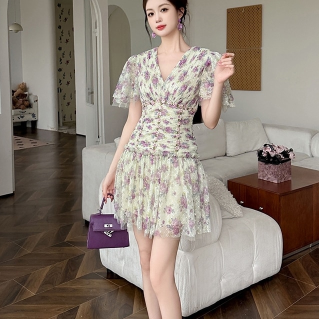 ワンピース ミニワンピース 半袖 Vネック ハイウエスト レース シースルー フレアスカート ミニ丈 可愛い かわいい 大人可愛い きれいめ シンプル 上品 おしゃれ かっこいい カジュアル こなれ感