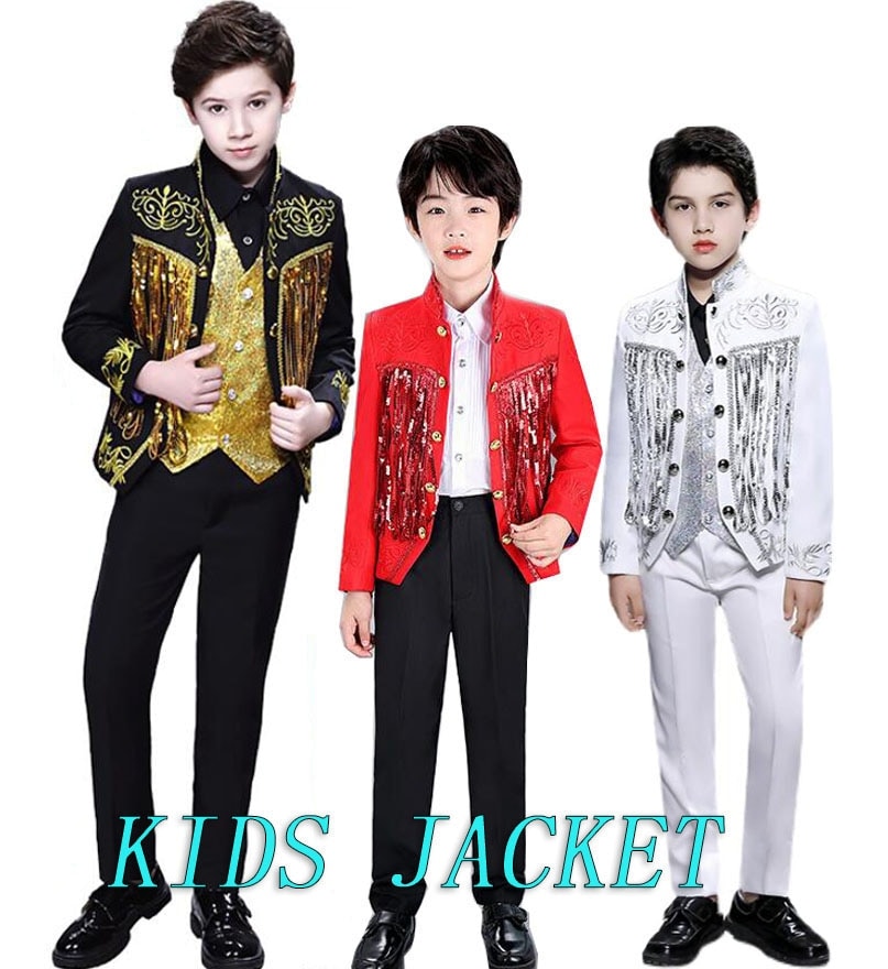 期間限定30%割引 子供 ステージ 衣装 舞台衣装 長袖 ジャケット スパンコール フリンジ 刺しゅう キッズ 男の子 ジャケット スーツ 礼服 結婚式 発表会 ダンス 衣装 ミュージカル オペラ 演