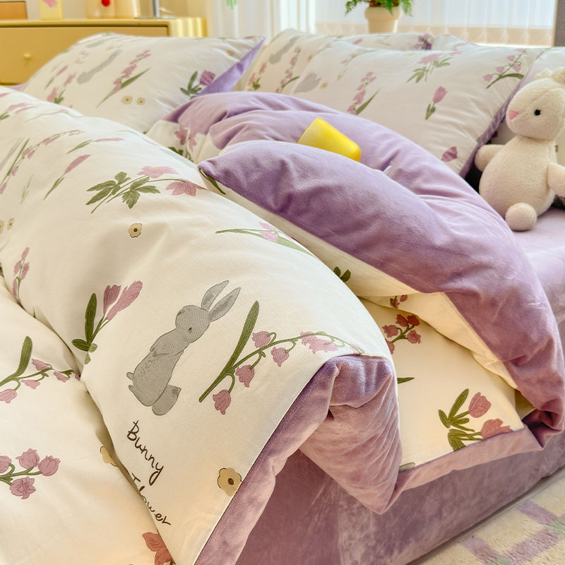 秋冬厚手ミルクレーヨン4点セット純綿ab面サンゴレーヨン布団カバー加絨シーツ布団カバーベッド3点セット