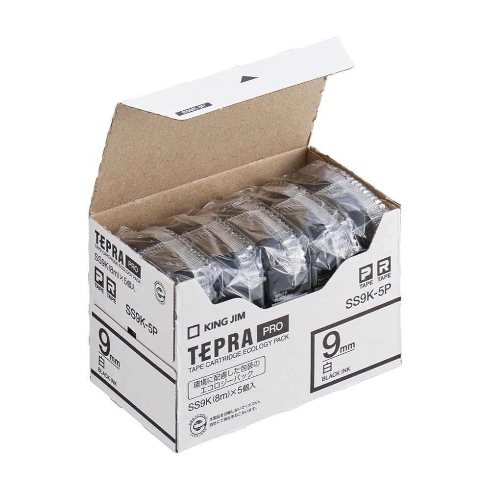 キングジム 【純正】 テプラPROテープカート リッジ エコパック5個入 9mm 白ラベル/黒文字 長さ8m SS9K-5P
