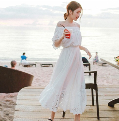 ワンピース モテアイテム かわいい 肌見せ ロング 半袖 フレアスリーブ オフショルダー オフショル フレア Aライン レース 刺繍 フリル ウエストマーク 通気性 薄手 大人可愛い きれいめ