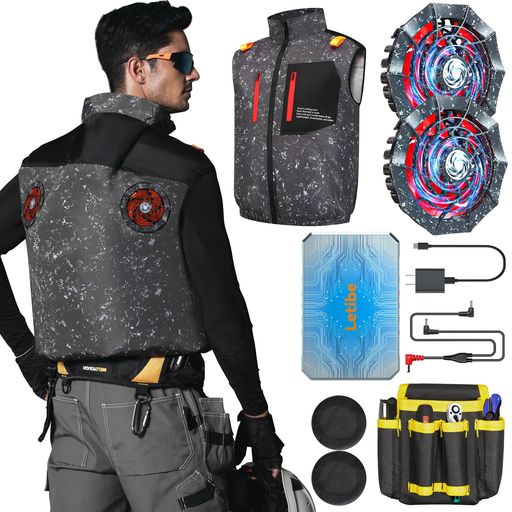 [KOMOAKI] 空調作業服 ファンバッテリーセット 作業ベスト 暴風 IP45耐水防塵 ファン付き作業服 日本製ブラシレスモーター LED液晶ディスプレイ搭載 熱中症対策 屋外作業 猛暑対策 (J