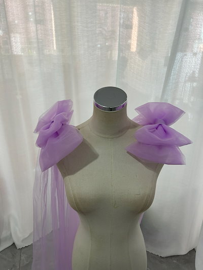 カラードレス リボン パープル ふわふわ 可愛い ソフトチュール 花嫁/ウェディングドレ