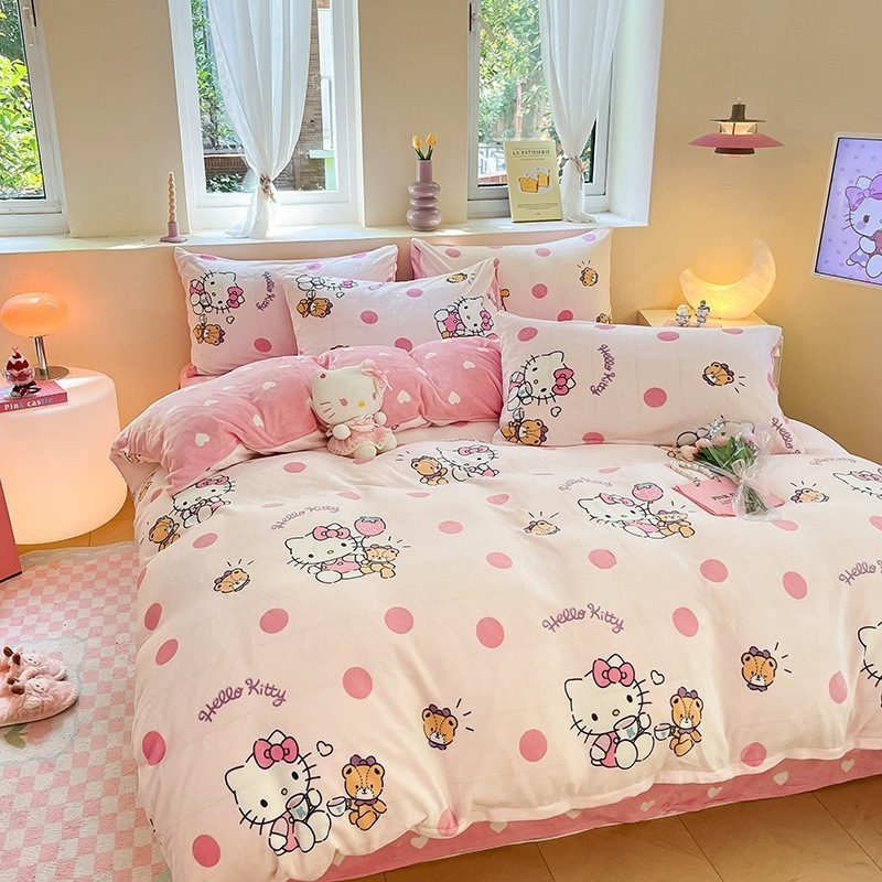 サンリオkt猫漫画とろみミルクベルベット4点セットクロミ秋冬ベルベットあったかシーツ掛け布団カバーベッドシーツ