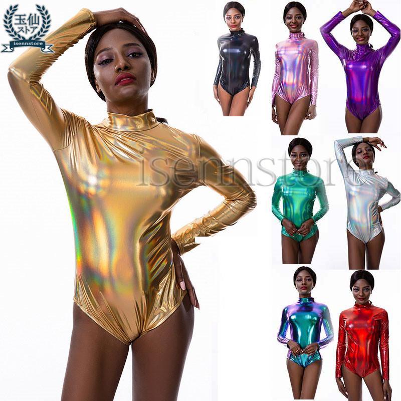 【超お得1つ買うと10個もらえる】急速出荷7月最新デザイン&20%OFFダンス衣装・ステージ衣装メタリック 光沢感 インナー ハイネック 長袖 Tシャツ シンプル レオタード ツナギ ボディシャツ エ